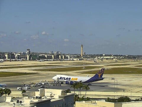 Atlas Air jumbo freighter parked at Miami International Airport on the live webcam