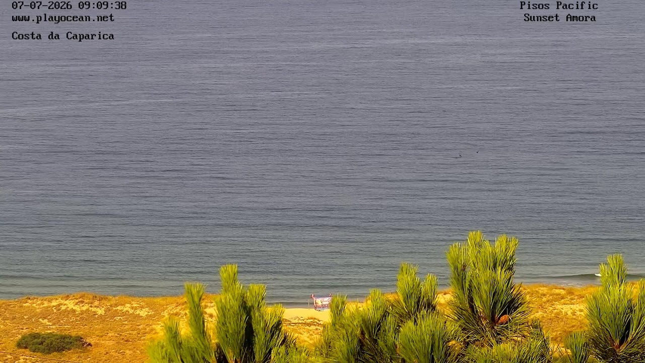 Atlantic shoreline and dunes at Costa da Caparica on the live webcam, Portugal
