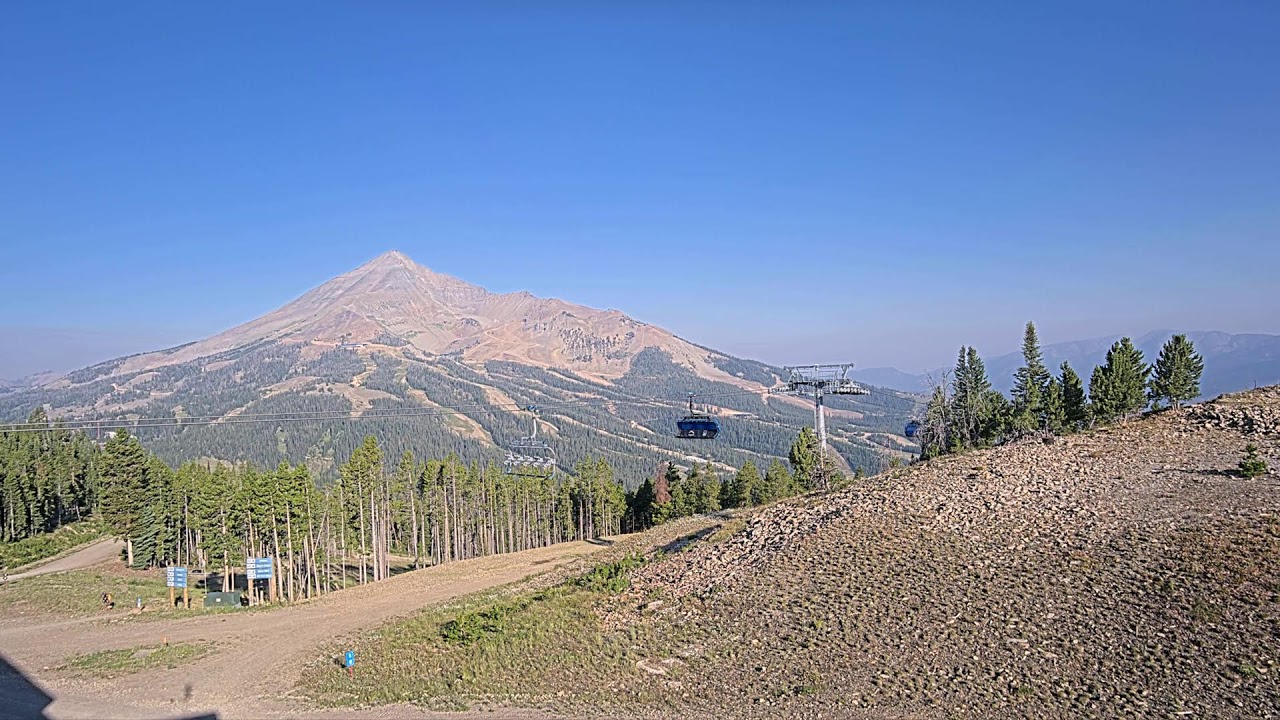 Lone Peak and a gondola cabin above Big Sky Resort in Montana on the live webcam