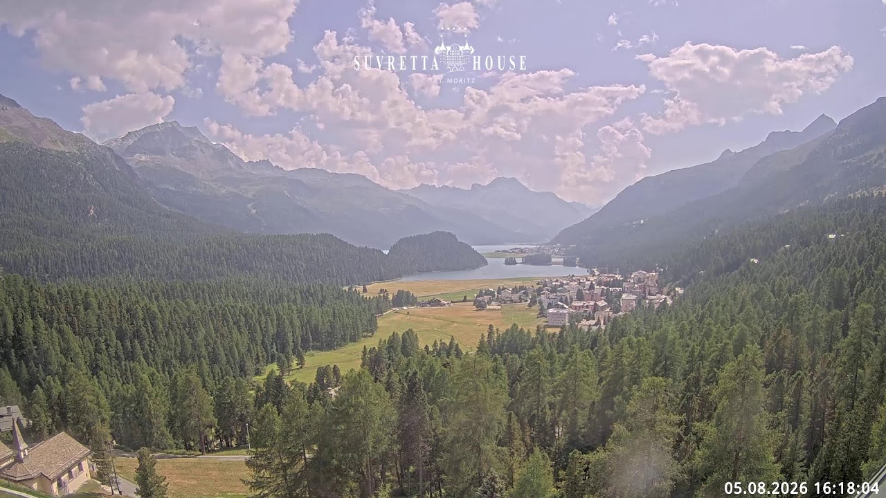 The Engadin valley, Lake St. Moritz, and Swiss Alps peaks seen on the live webcam