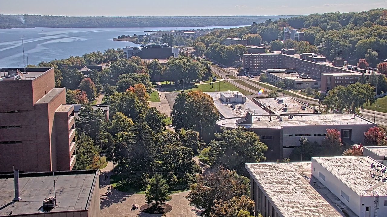 Michigan Tech campus and the Keweenaw Waterway in Houghton with trees starting to turn