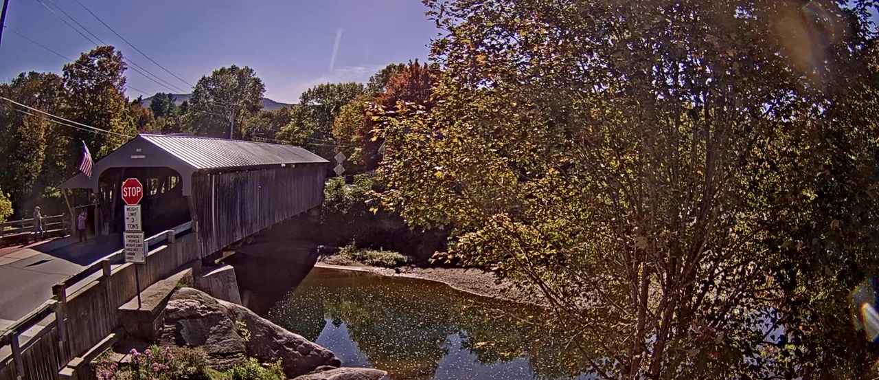 Covered bridge over the Mad River in Waitsfield, Vermont, beside a turning tree, live webcam