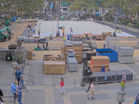 Bryant Park's lawn being turned into the Winter Village ice rink, on the live webcam