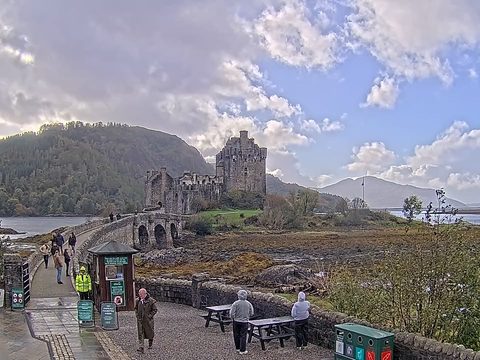 Eilean Donan Castle and its arched stone footbridge near Dornie on the live webcam