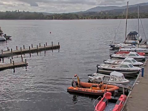 Boats moored at Low Wood Bay Marina on Windermere, seen on the live webcam
